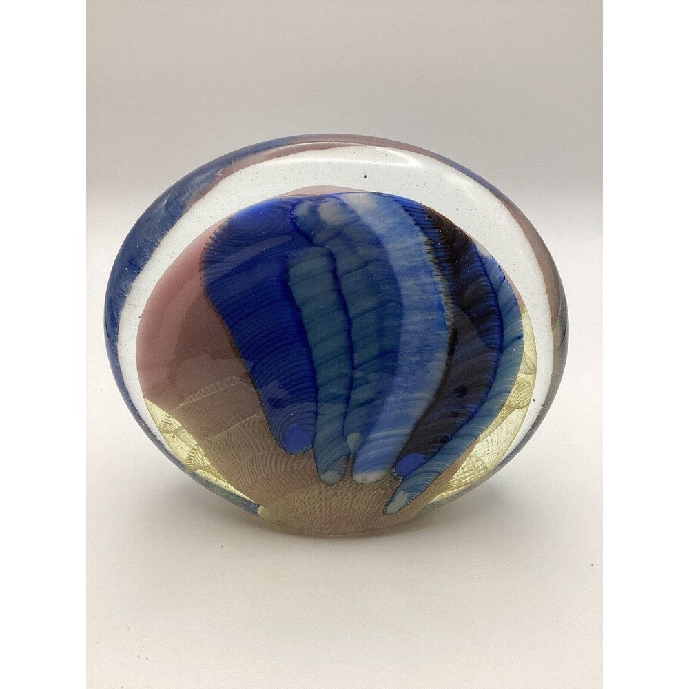 Paul Bendzunas art glass pink, blue, black paperweight signed